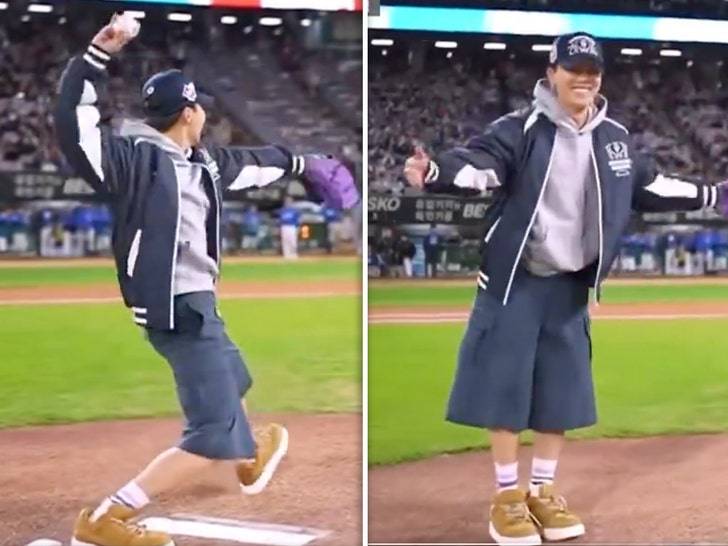Хосок из BTS бросил первую подачу, а потом танцевал под Рози! 🕺🔥 (Фото: 1)