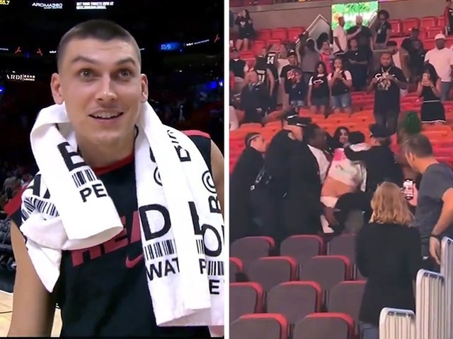 Тайлер Херро отвлёкся от интервью, увидев драку в трибунах! 😱